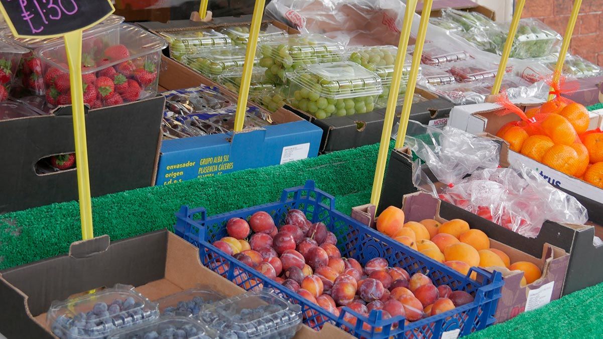 Display of fresh fruit at a greengrocer