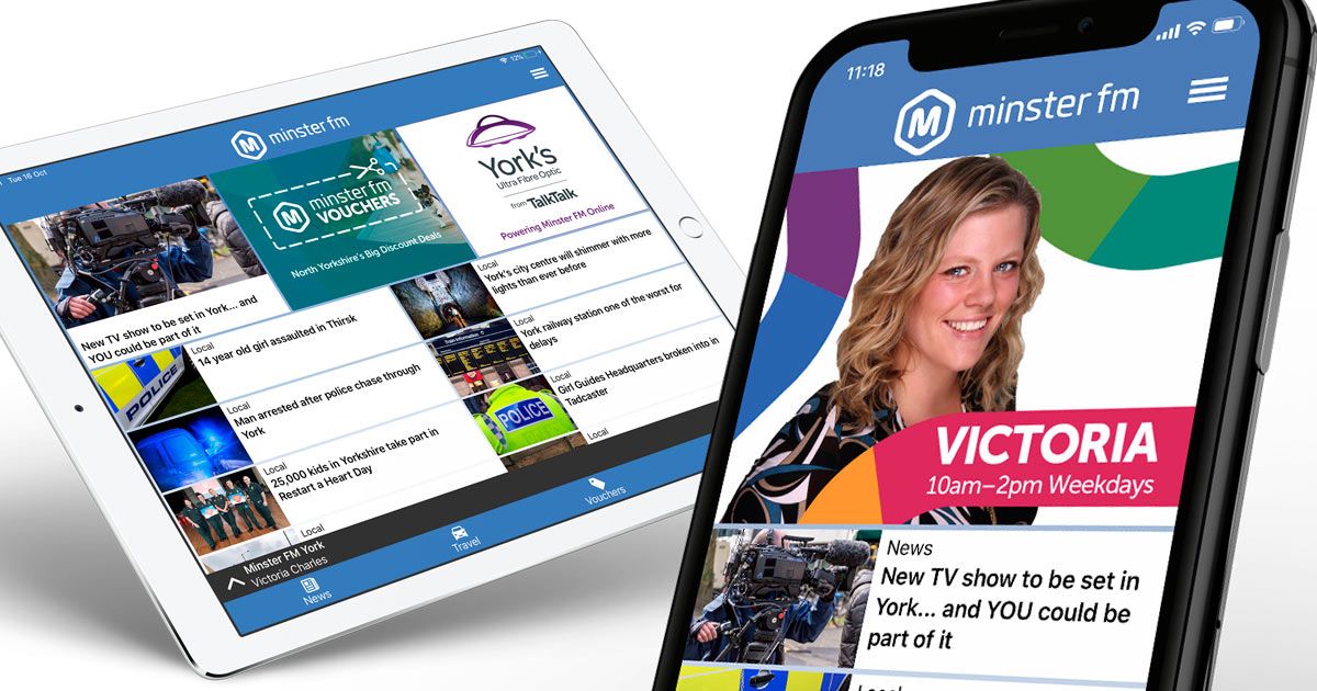 Minster FM Mobile radio app on tablet, smart phone, iPhone and iPad
