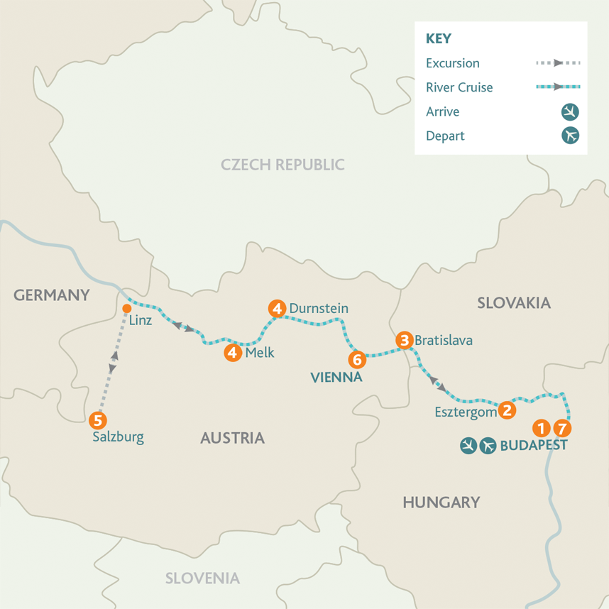 Danube river cruise itinerary map